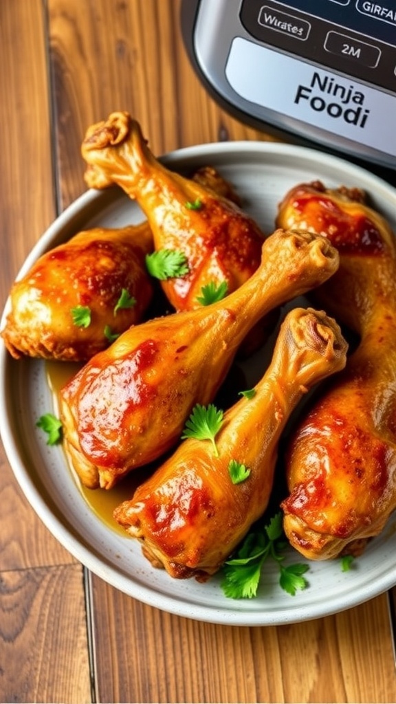 Crispy chicken drumsticks on a plate, garnished with parsley, served with dipping sauce on a rustic table.